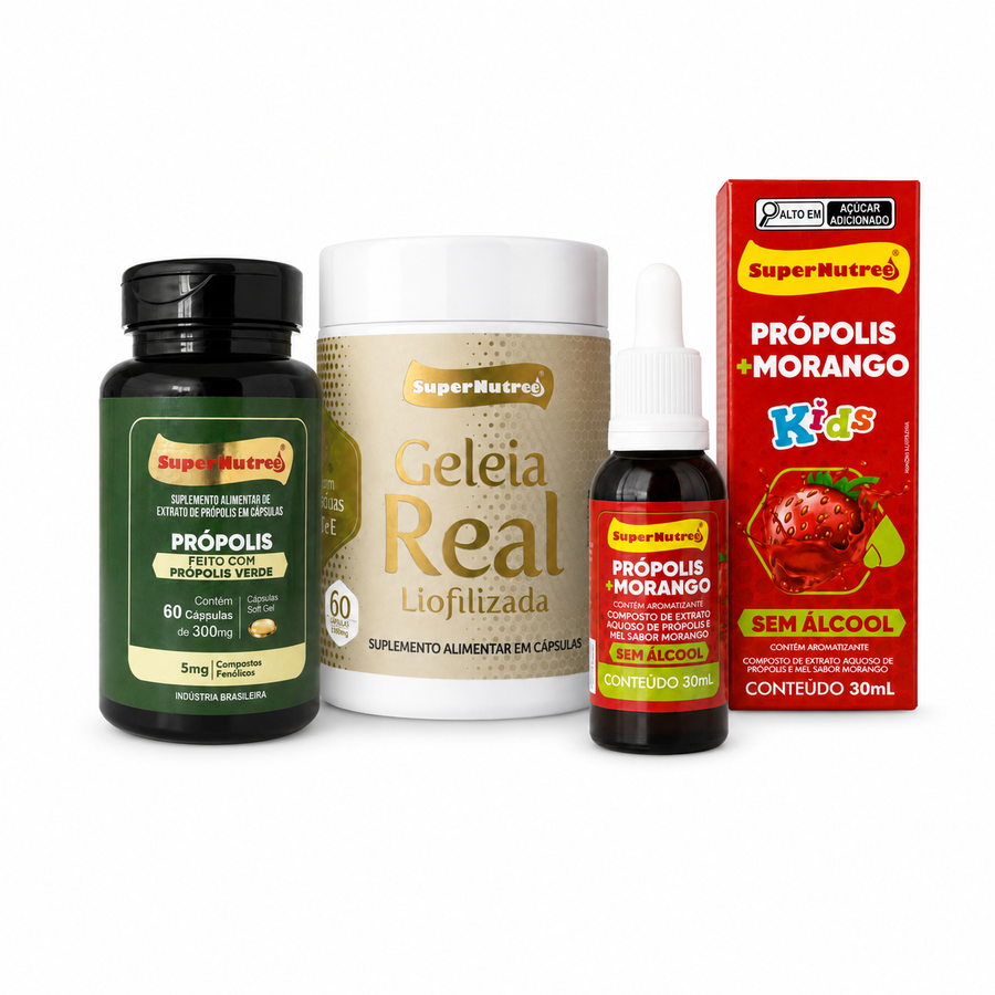 Kit Família Prática 30 Dias – Própolis Kids + Própolis Verde Cápsulas + Geleia Real | SuperNutree